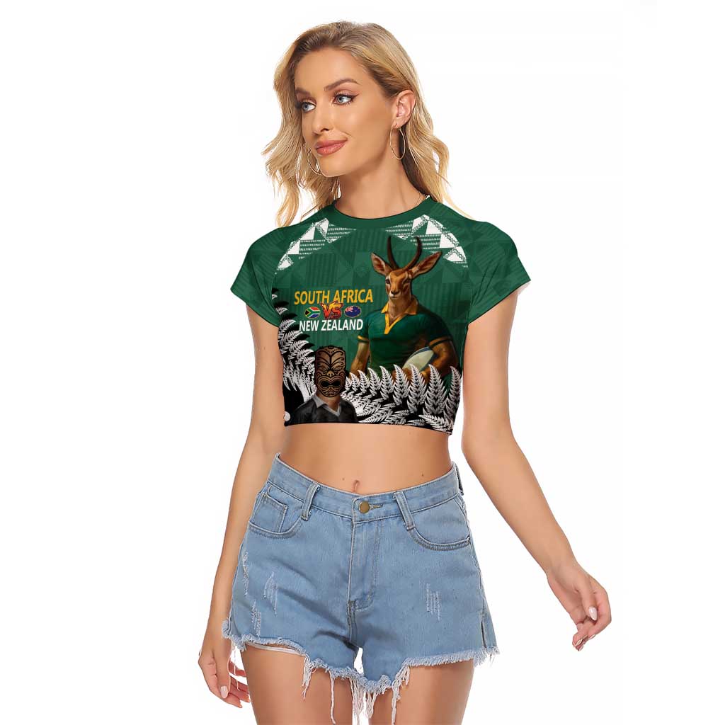 New Zealand South Africa Rugby Custom Raglan Cropped T Shirt Springboks Kente All Black Maori Together - Aussie Hoodie