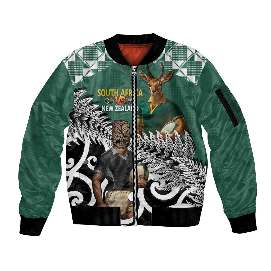 New Zealand South Africa Rugby Custom Sleeve Zip Bomber Jacket Springboks Kente All Black Maori Together - Aussie Hoodie