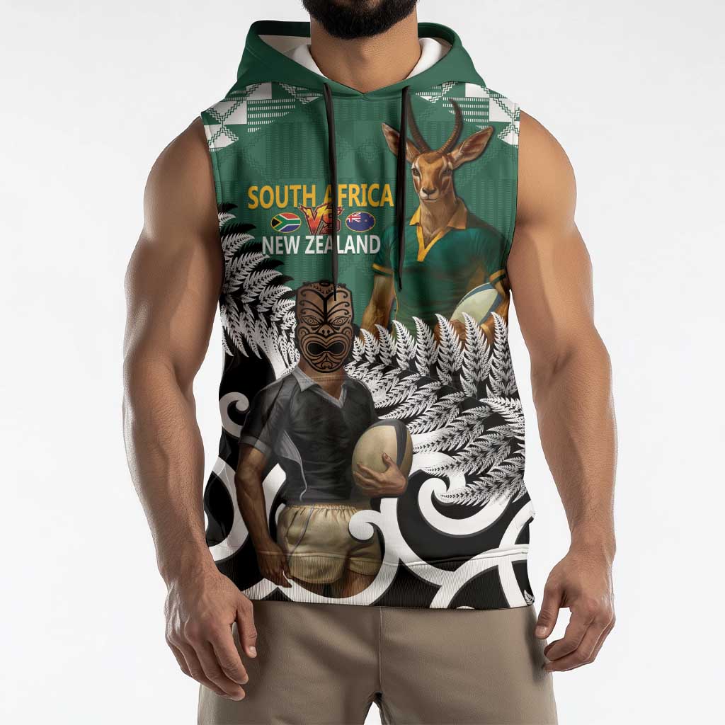 New Zealand South Africa Rugby Custom Sleeveless Hoodie Springboks Kente All Black Maori Together - Aussie Hoodie