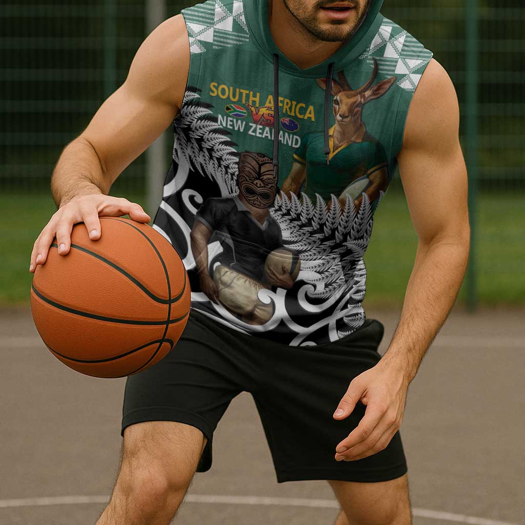 New Zealand South Africa Rugby Custom Sleeveless Hoodie Springboks Kente All Black Maori Together - Aussie Hoodie