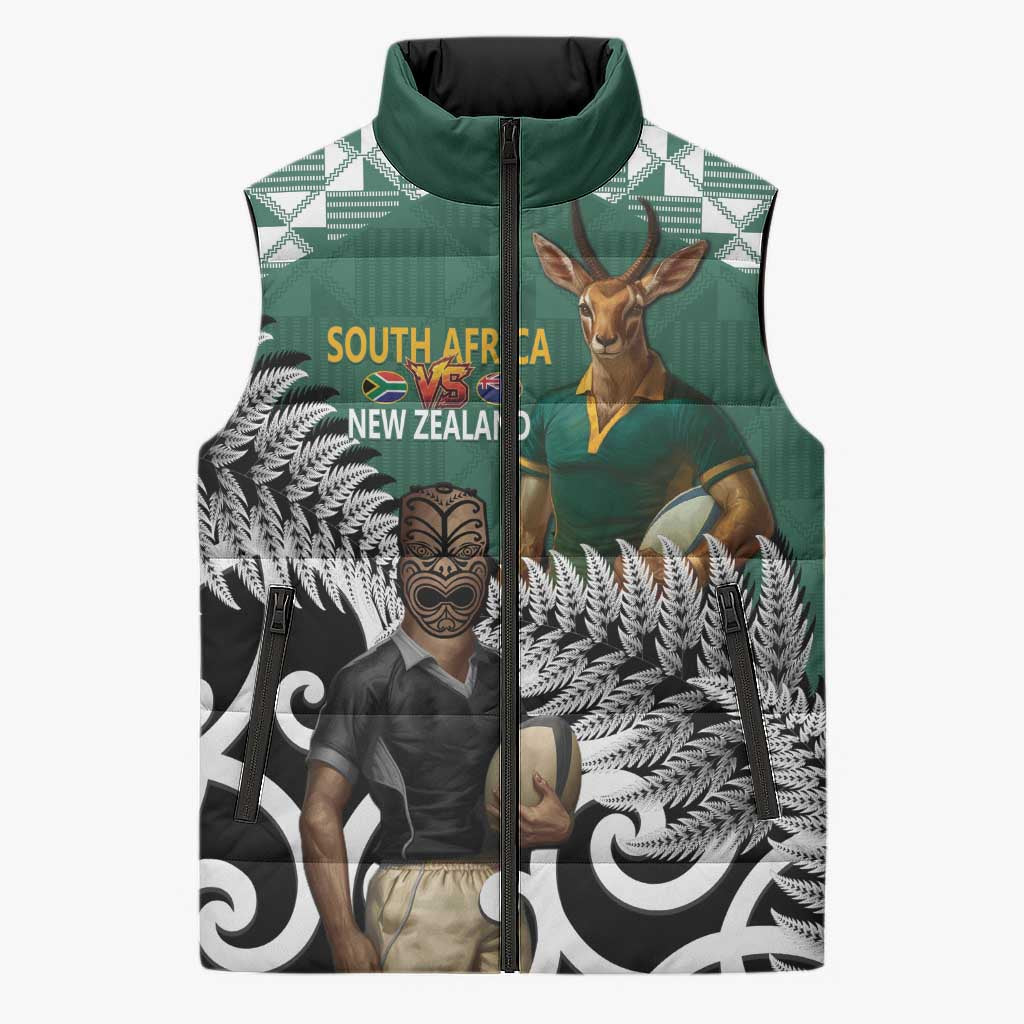 New Zealand South Africa Rugby Custom Sleeveless Puffer Jacket Springboks Kente All Black Maori Together - Aussie Hoodie