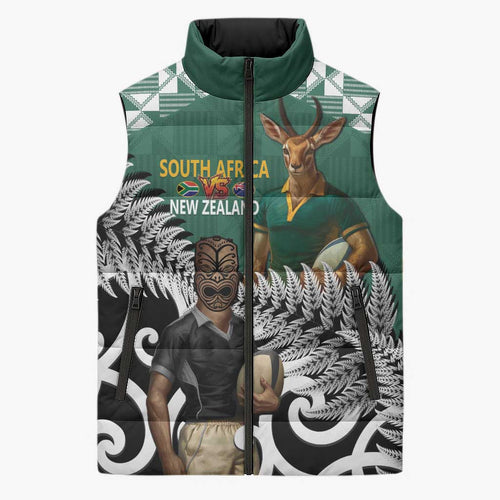 New Zealand South Africa Rugby Custom Sleeveless Puffer Jacket Springboks Kente All Black Maori Together - Aussie Hoodie