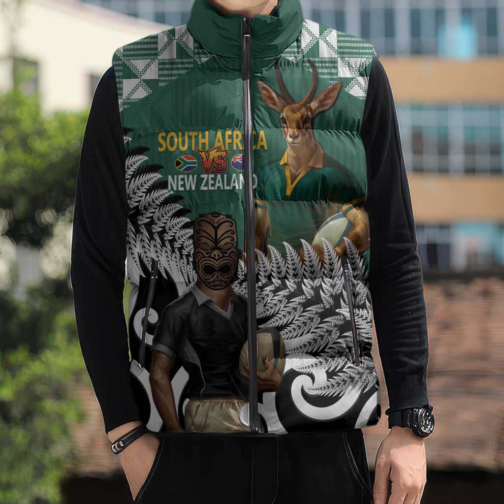 New Zealand South Africa Rugby Custom Sleeveless Puffer Jacket Springboks Kente All Black Maori Together - Aussie Hoodie
