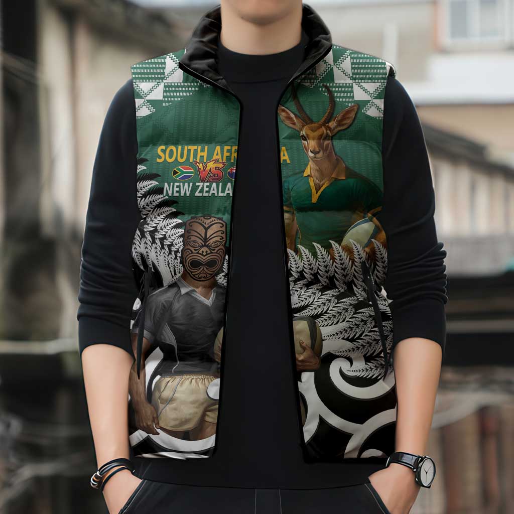 New Zealand South Africa Rugby Custom Sleeveless Puffer Jacket Springboks Kente All Black Maori Together - Aussie Hoodie
