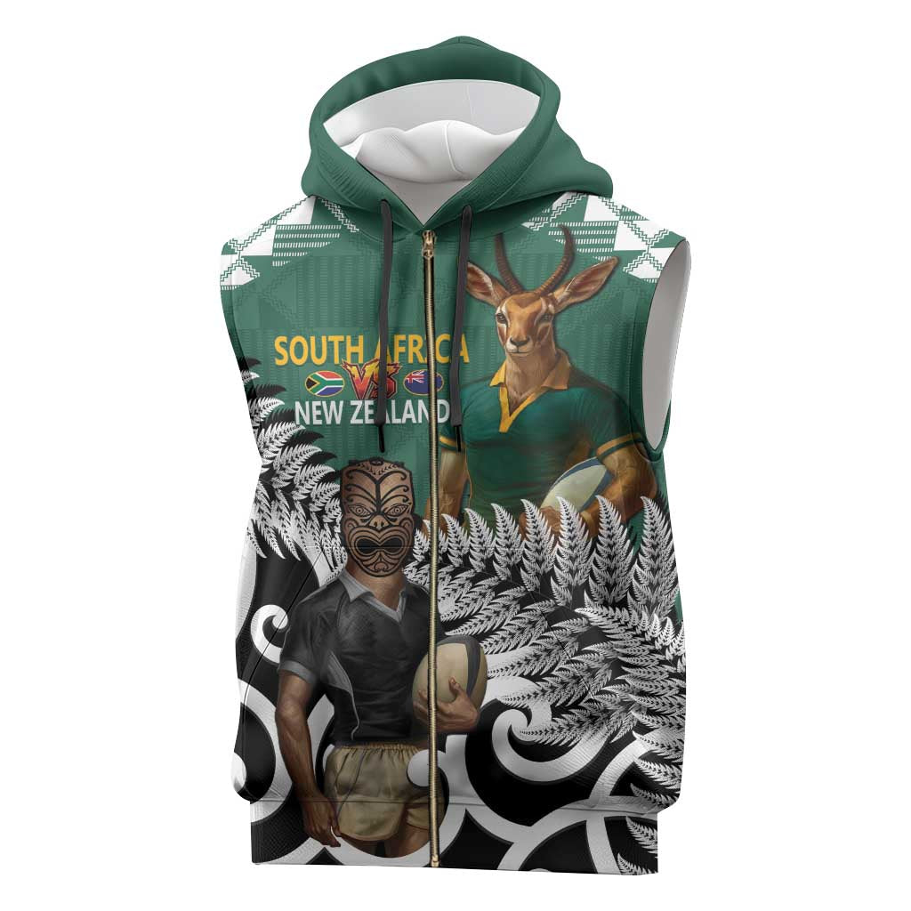 New Zealand South Africa Rugby Custom Sleeveless Zip Hoodie Springboks Kente All Black Maori Together - Aussie Hoodie