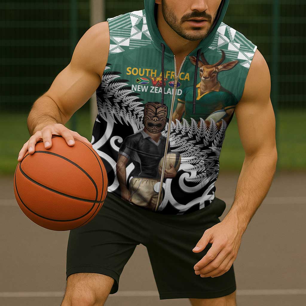 New Zealand South Africa Rugby Custom Sleeveless Zip Hoodie Springboks Kente All Black Maori Together - Aussie Hoodie
