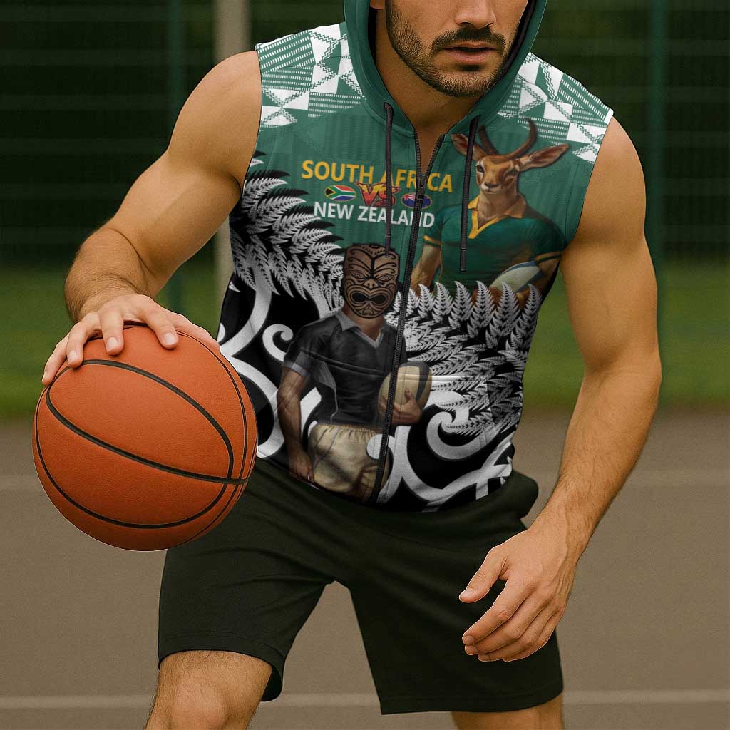 New Zealand South Africa Rugby Custom Sleeveless Zip Hoodie Springboks Kente All Black Maori Together LT14