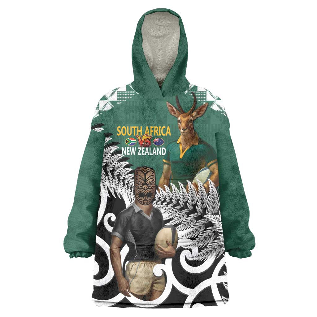 New Zealand South Africa Rugby Custom Wearable Blanket Hoodie Springboks Kente All Black Maori Together - Aussie Hoodie