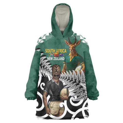New Zealand South Africa Rugby Custom Wearable Blanket Hoodie Springboks Kente All Black Maori Together - Aussie Hoodie