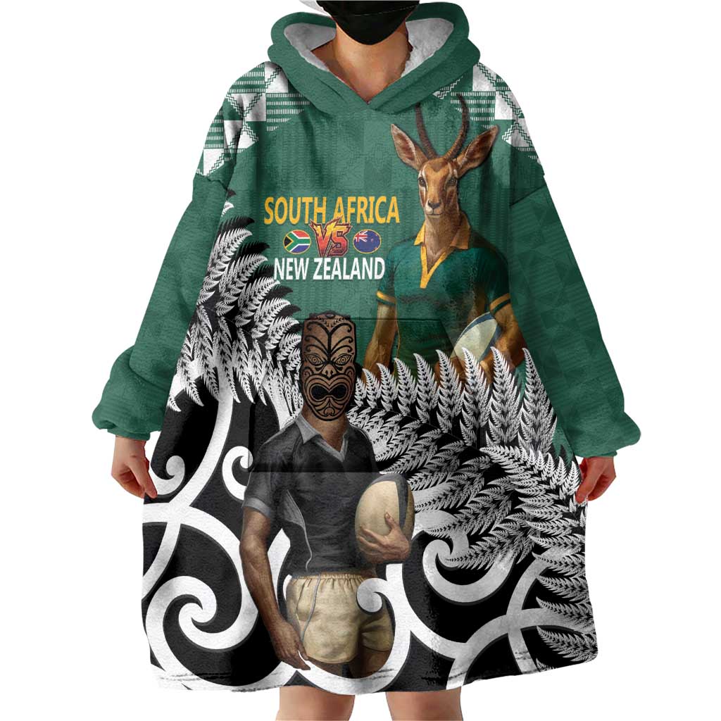 New Zealand South Africa Rugby Custom Wearable Blanket Hoodie Springboks Kente All Black Maori Together - Aussie Hoodie