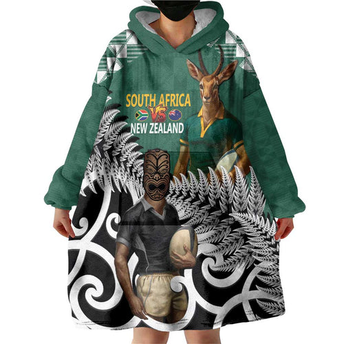 New Zealand South Africa Rugby Custom Wearable Blanket Hoodie Springboks Kente All Black Maori Together - Aussie Hoodie