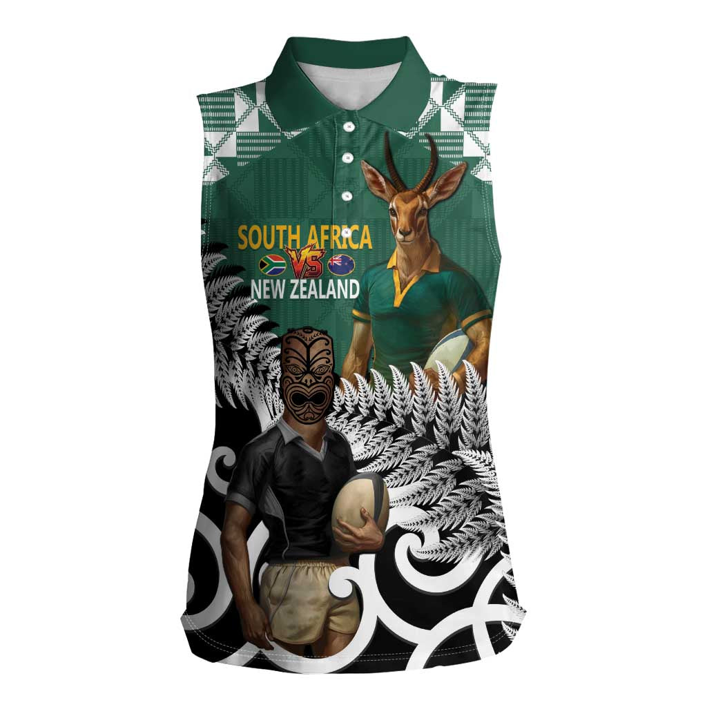 New Zealand South Africa Rugby Custom Women Sleeveless Polo Shirt Springboks Kente All Black Maori Together - Aussie Hoodie