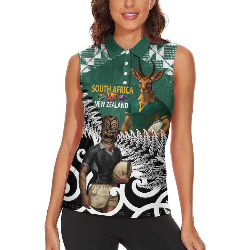 New Zealand South Africa Rugby Custom Women Sleeveless Polo Shirt Springboks Kente All Black Maori Together - Aussie Hoodie