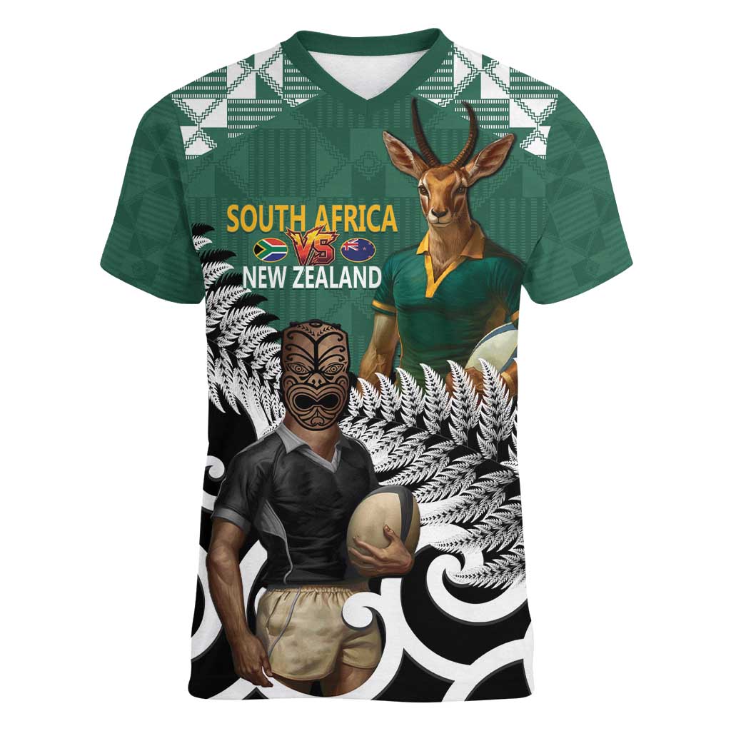 New Zealand South Africa Rugby Custom Women V-Neck T-Shirt Springboks Kente All Black Maori Together - Aussie Hoodie