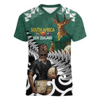 New Zealand South Africa Rugby Custom Women V-Neck T-Shirt Springboks Kente All Black Maori Together - Aussie Hoodie