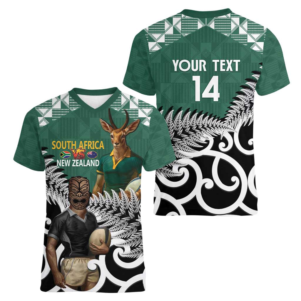 New Zealand South Africa Rugby Custom Women V-Neck T-Shirt Springboks Kente All Black Maori Together - Aussie Hoodie