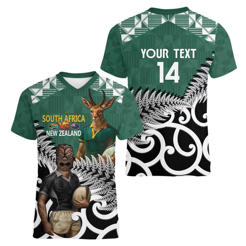 New Zealand South Africa Rugby Custom Women V-Neck T-Shirt Springboks Kente All Black Maori Together - Aussie Hoodie