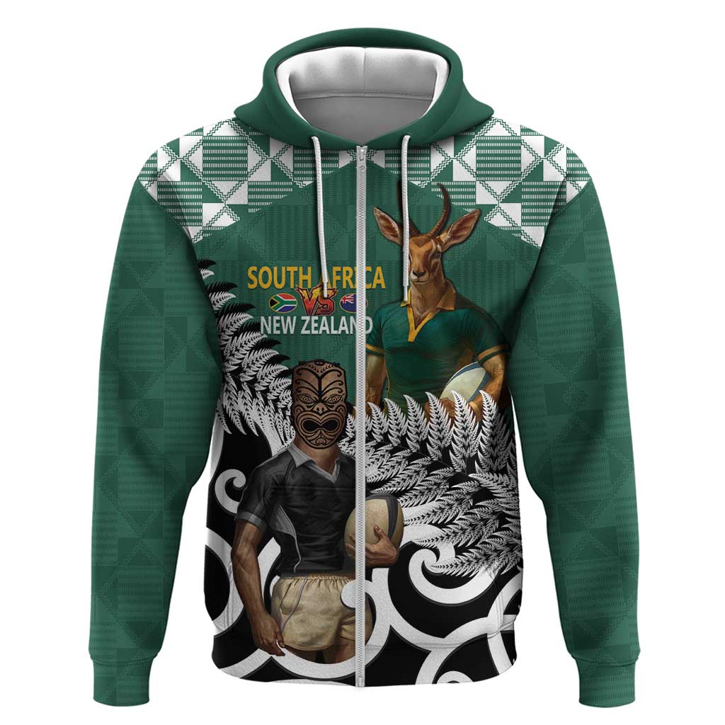 New Zealand South Africa Rugby Custom Zip Hoodie Springboks Kente All Black Maori Together - Aussie Hoodie