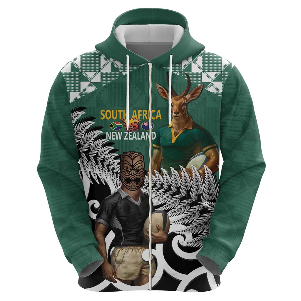New Zealand South Africa Rugby Custom Zip Hoodie Springboks Kente All Black Maori Together - Aussie Hoodie