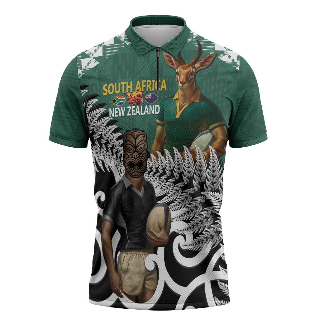New Zealand South Africa Rugby Custom Zipper Polo Shirt Springboks Kente All Black Maori Together - Aussie Hoodie