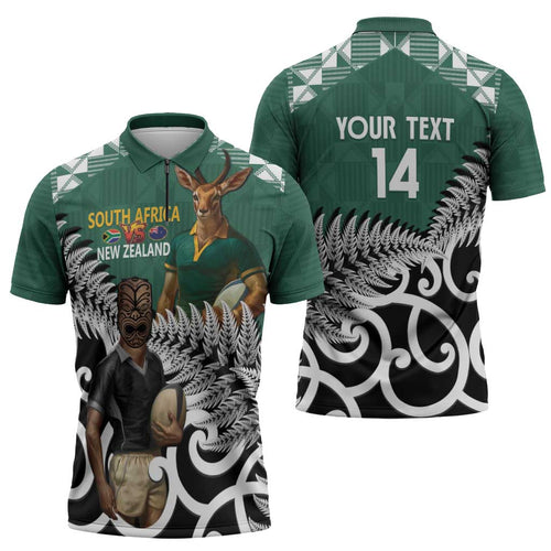 New Zealand South Africa Rugby Custom Zipper Polo Shirt Springboks Kente All Black Maori Together - Aussie Hoodie