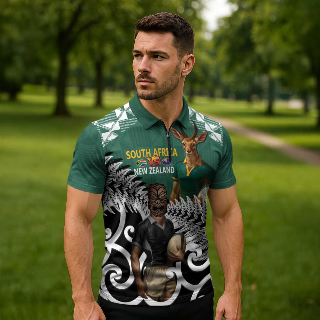 New Zealand South Africa Rugby Custom Zipper Polo Shirt Springboks Kente All Black Maori Together - Aussie Hoodie