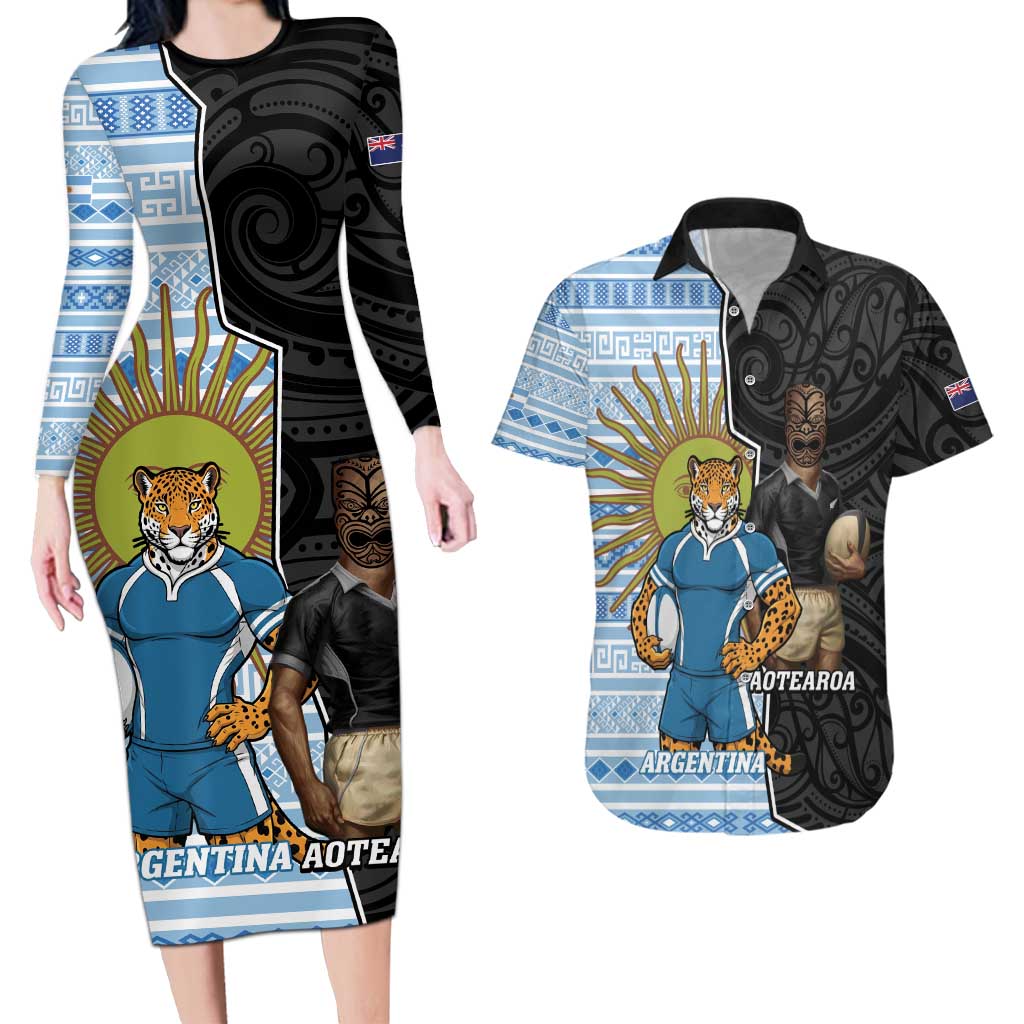 New Zealand Argentina Rugby Custom Couples Matching Long Sleeve Bodycon Dress and Hawaiian Shirt 2025 Los Pumas All Black Together - Aussie Hoodie