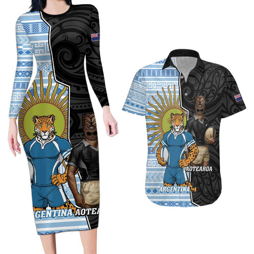 New Zealand Argentina Rugby Custom Couples Matching Long Sleeve Bodycon Dress and Hawaiian Shirt 2025 Los Pumas All Black Together - Aussie Hoodie