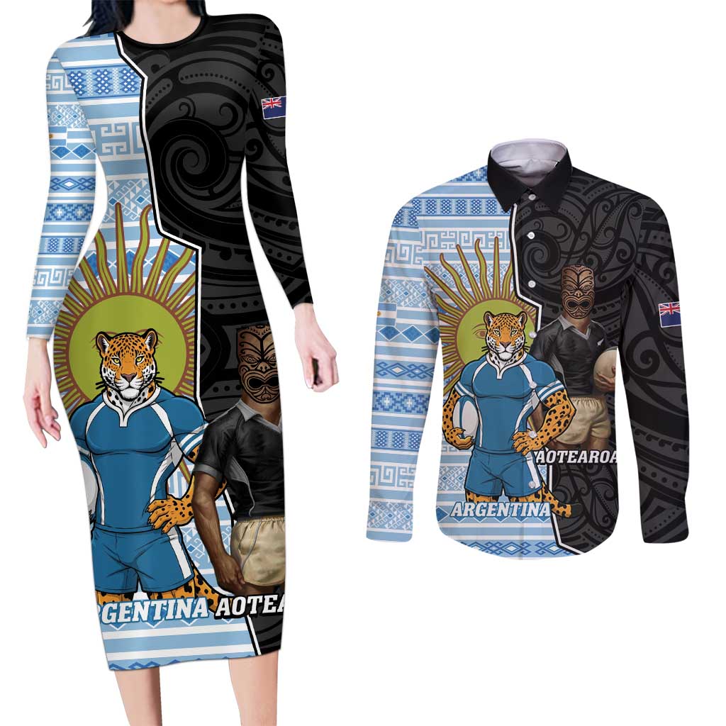 New Zealand Argentina Rugby Custom Couples Matching Long Sleeve Bodycon Dress and Long Sleeve Button Shirt 2025 Los Pumas All Black Together - Aussie Hoodie