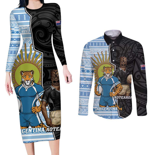 New Zealand Argentina Rugby Custom Couples Matching Long Sleeve Bodycon Dress and Long Sleeve Button Shirt 2025 Los Pumas All Black Together - Aussie Hoodie