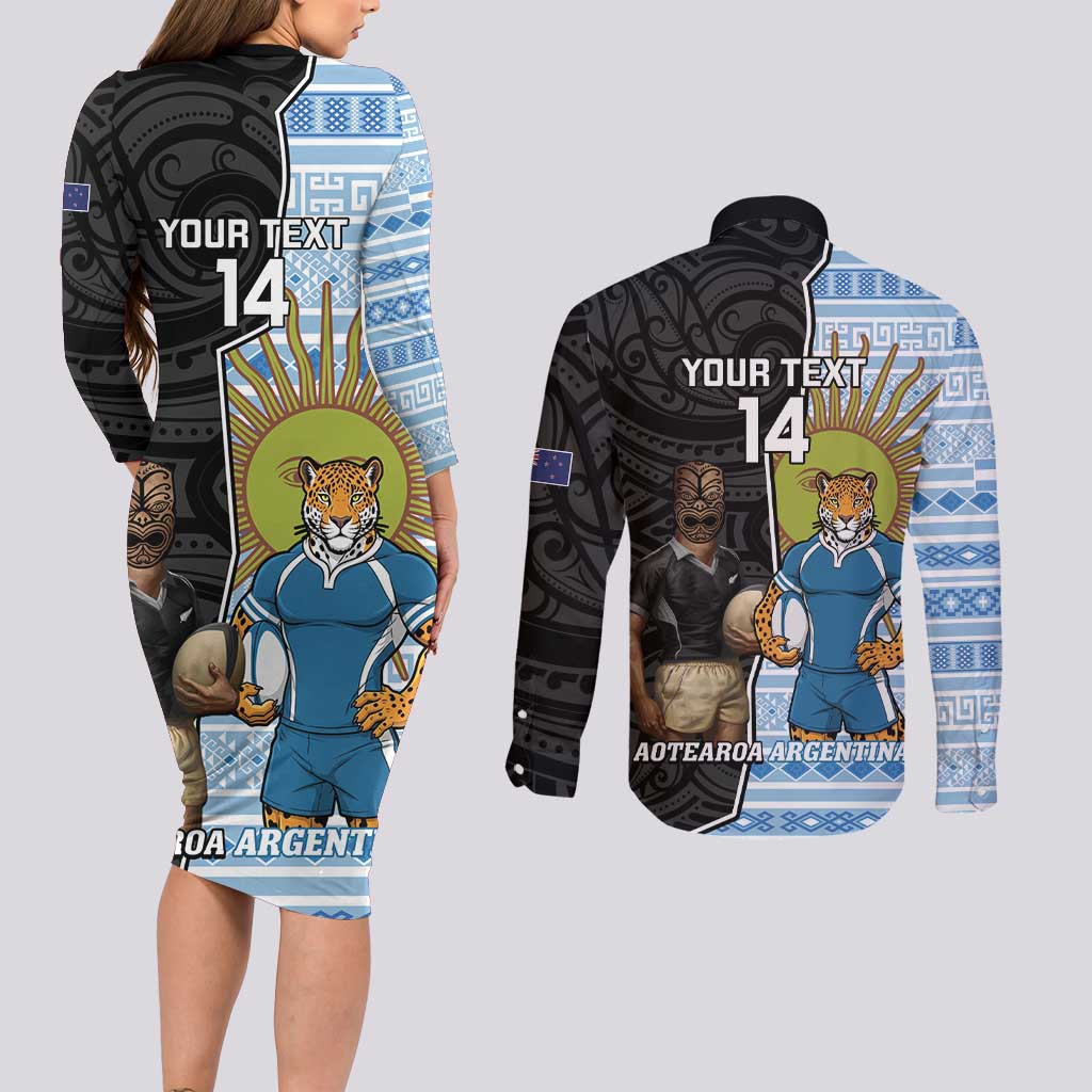 New Zealand Argentina Rugby Custom Couples Matching Long Sleeve Bodycon Dress and Long Sleeve Button Shirt 2025 Los Pumas All Black Together - Aussie Hoodie