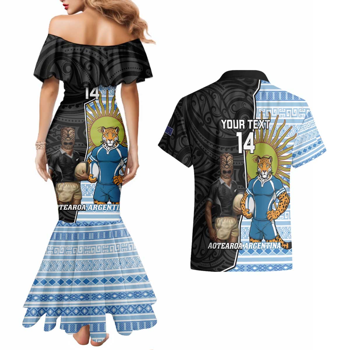 New Zealand Argentina Rugby Custom Couples Matching Mermaid Dress and Hawaiian Shirt 2025 Los Pumas All Black Together - Aussie Hoodie