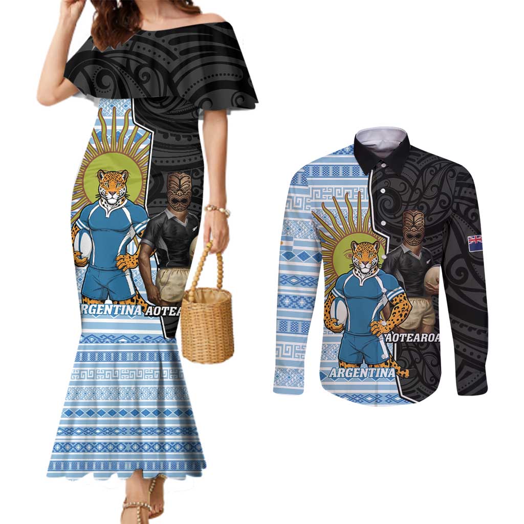 New Zealand Argentina Rugby Custom Couples Matching Mermaid Dress and Long Sleeve Button Shirt 2025 Los Pumas All Black Together - Aussie Hoodie