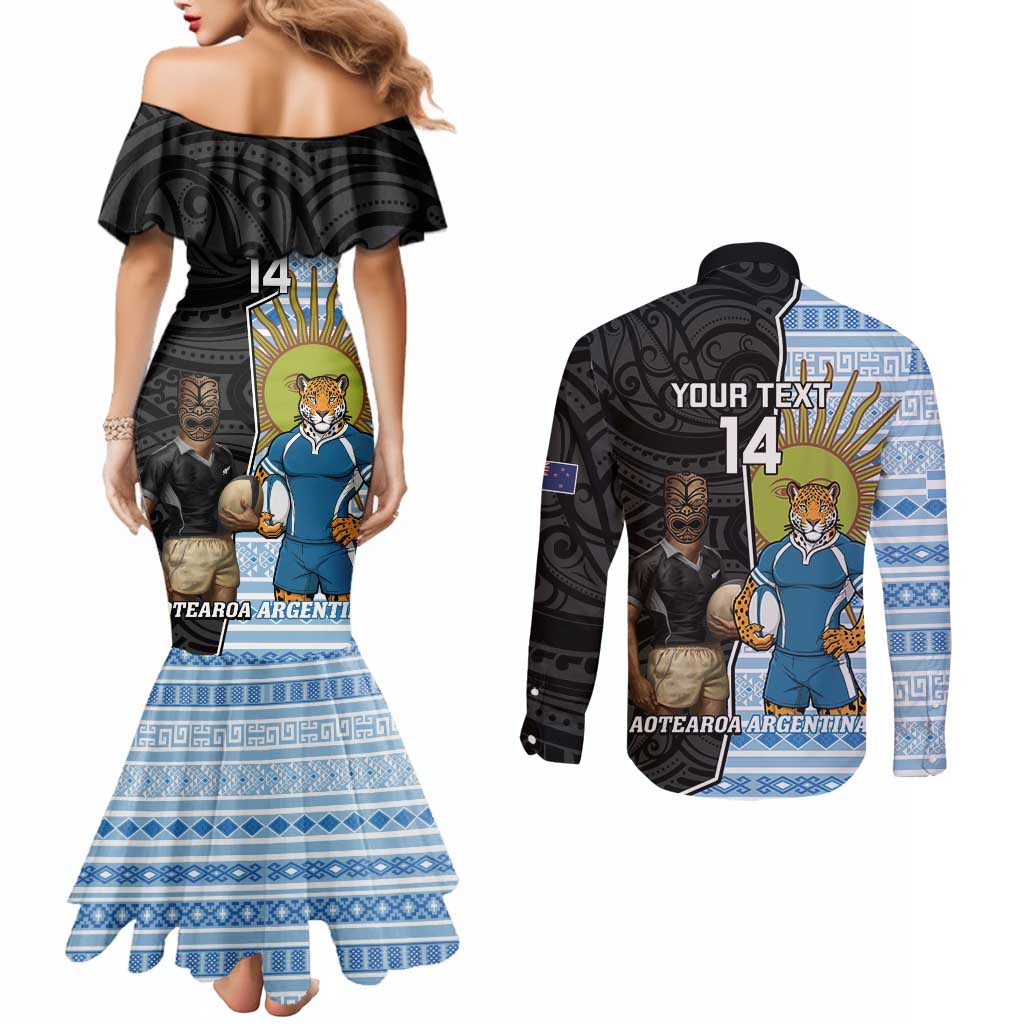 New Zealand Argentina Rugby Custom Couples Matching Mermaid Dress and Long Sleeve Button Shirt 2025 Los Pumas All Black Together - Aussie Hoodie
