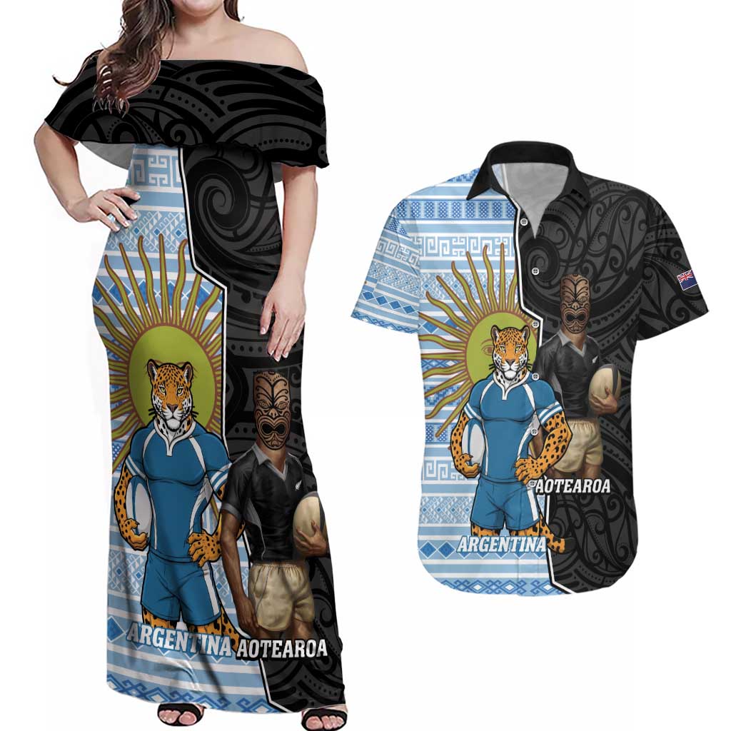 New Zealand Argentina Rugby Custom Couples Matching Off Shoulder Maxi Dress and Hawaiian Shirt 2025 Los Pumas All Black Together - Aussie Hoodie