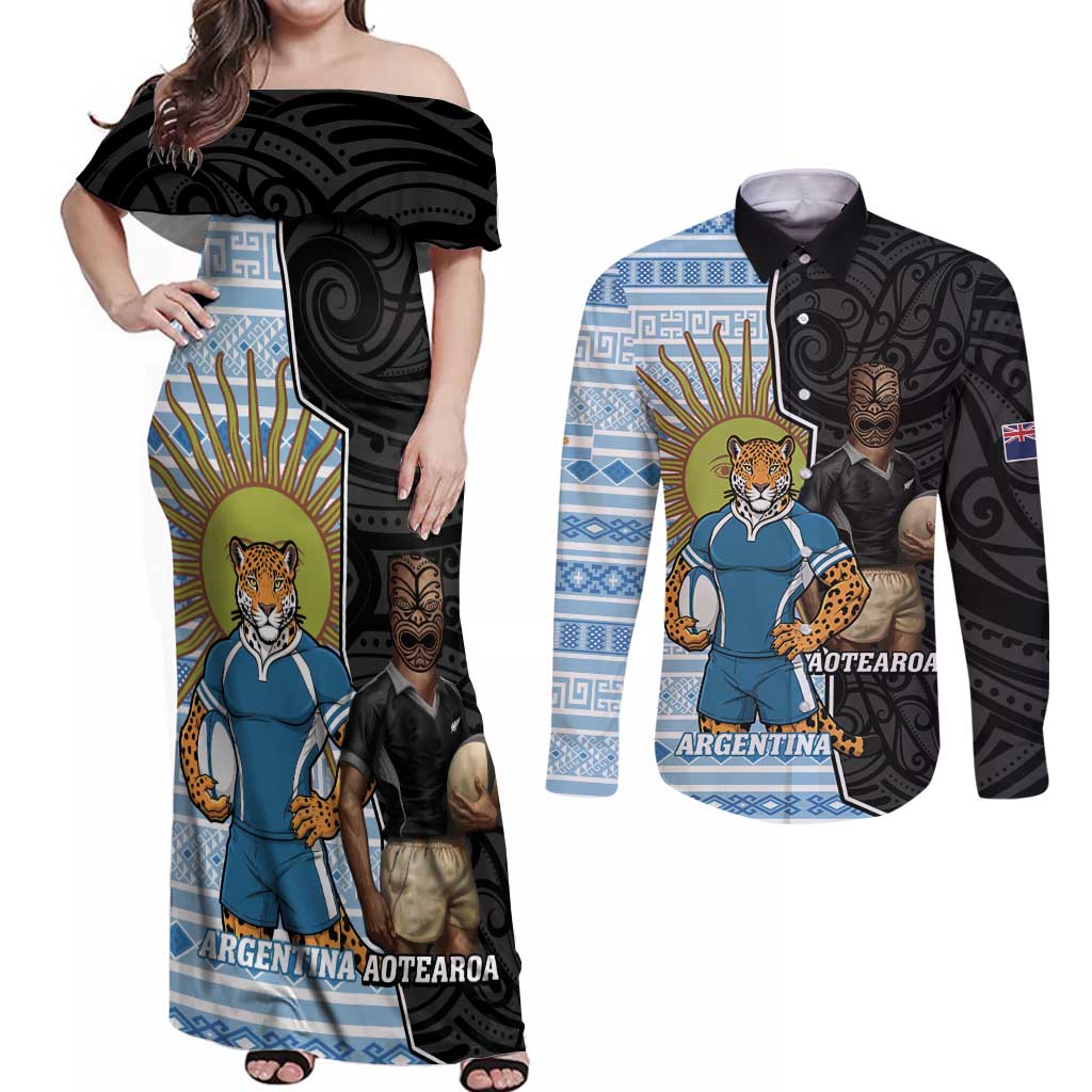 New Zealand Argentina Rugby Custom Couples Matching Off Shoulder Maxi Dress and Long Sleeve Button Shirt 2025 Los Pumas All Black Together - Aussie Hoodie