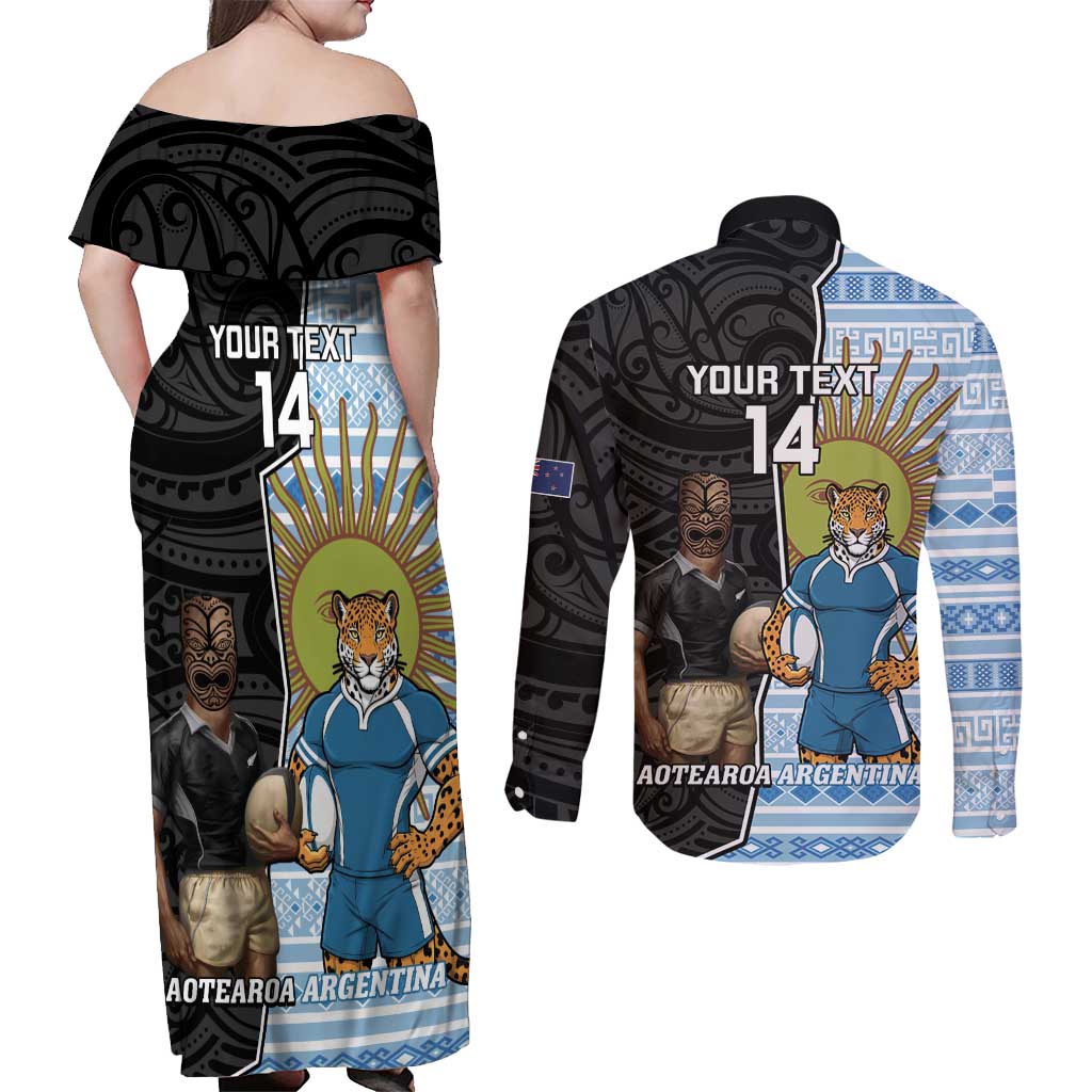 New Zealand Argentina Rugby Custom Couples Matching Off Shoulder Maxi Dress and Long Sleeve Button Shirt 2025 Los Pumas All Black Together - Aussie Hoodie