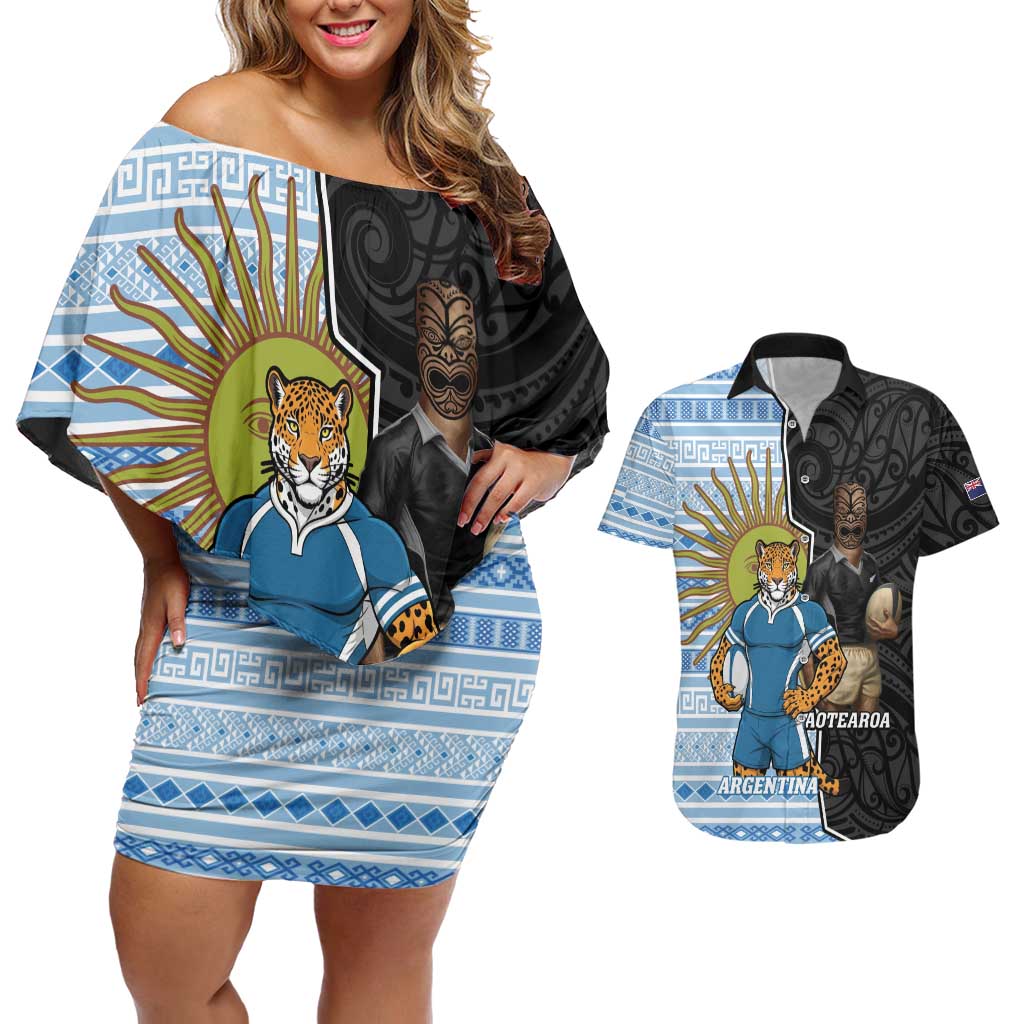 New Zealand Argentina Rugby Custom Couples Matching Off Shoulder Short Dress and Hawaiian Shirt 2025 Los Pumas All Black Together - Aussie Hoodie