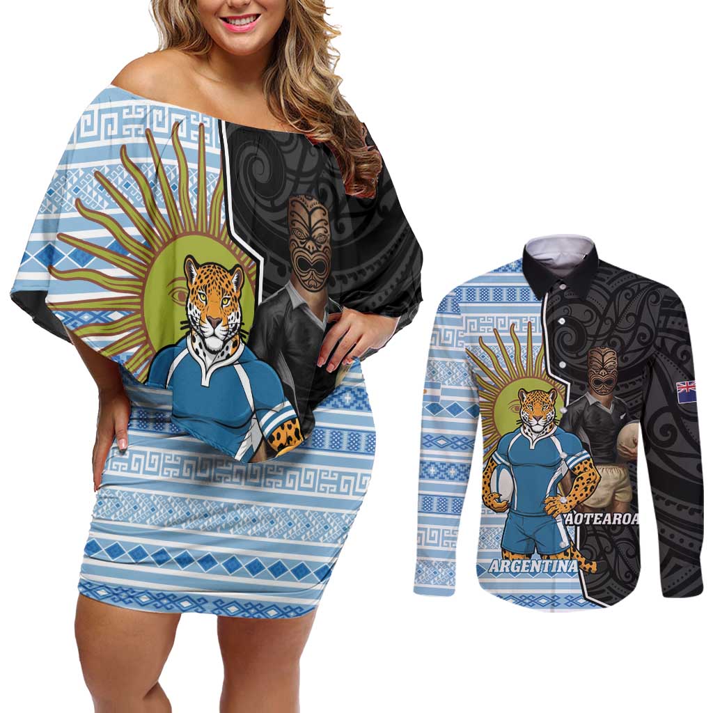 New Zealand Argentina Rugby Custom Couples Matching Off Shoulder Short Dress and Long Sleeve Button Shirt 2025 Los Pumas All Black Together - Aussie Hoodie