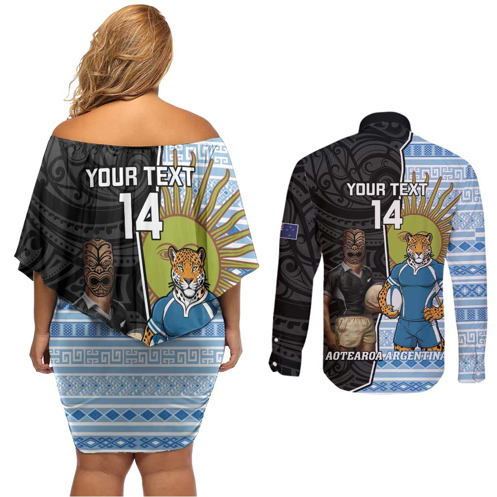 New Zealand Argentina Rugby Custom Couples Matching Off Shoulder Short Dress and Long Sleeve Button Shirt 2025 Los Pumas All Black Together - Aussie Hoodie