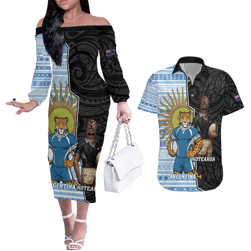 New Zealand Argentina Rugby Custom Couples Matching Off The Shoulder Long Sleeve Dress and Hawaiian Shirt 2025 Los Pumas All Black Together - Aussie Hoodie