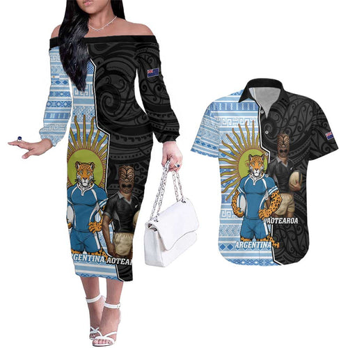 New Zealand Argentina Rugby Custom Couples Matching Off The Shoulder Long Sleeve Dress and Hawaiian Shirt 2025 Los Pumas All Black Together - Aussie Hoodie