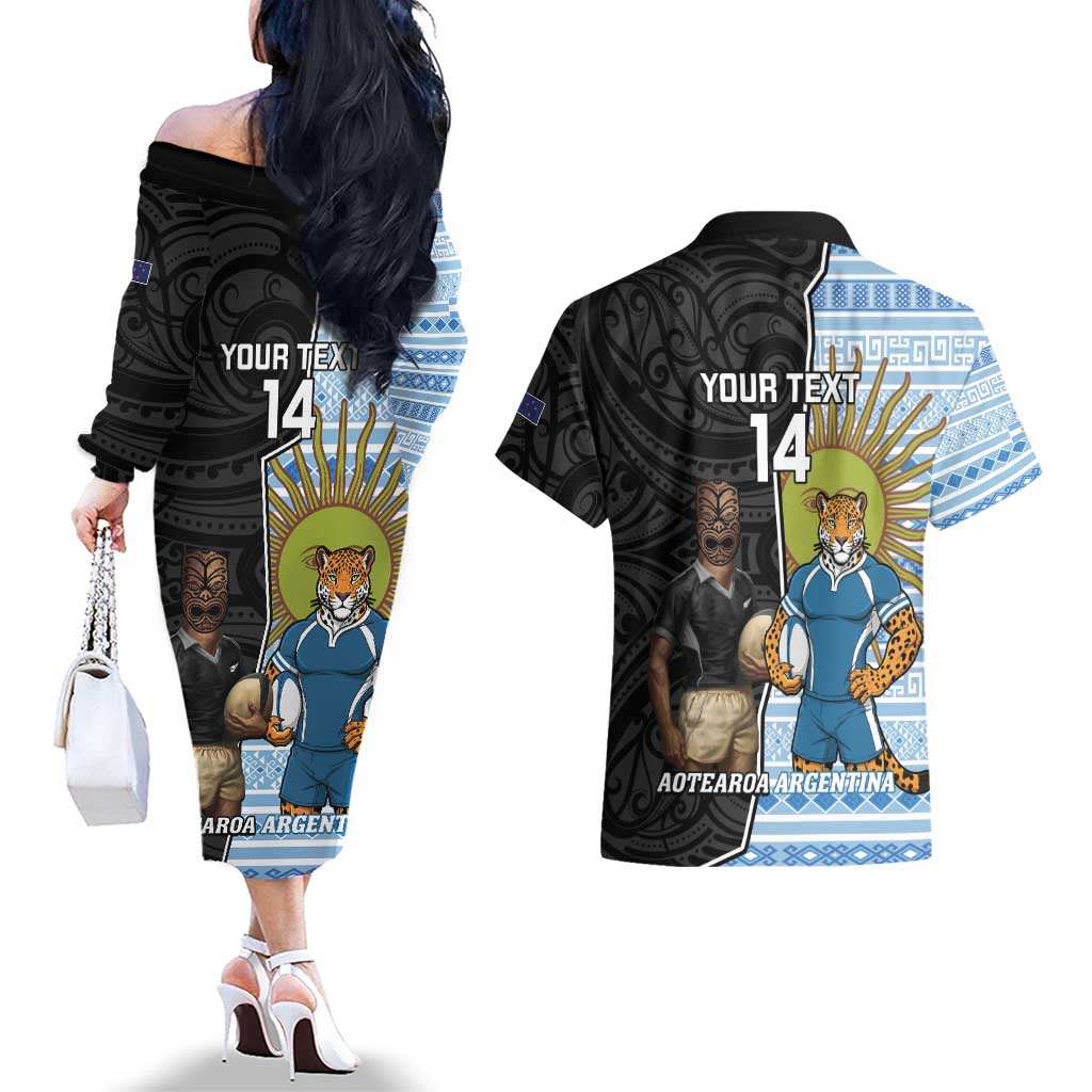 New Zealand Argentina Rugby Custom Couples Matching Off The Shoulder Long Sleeve Dress and Hawaiian Shirt 2025 Los Pumas All Black Together - Aussie Hoodie