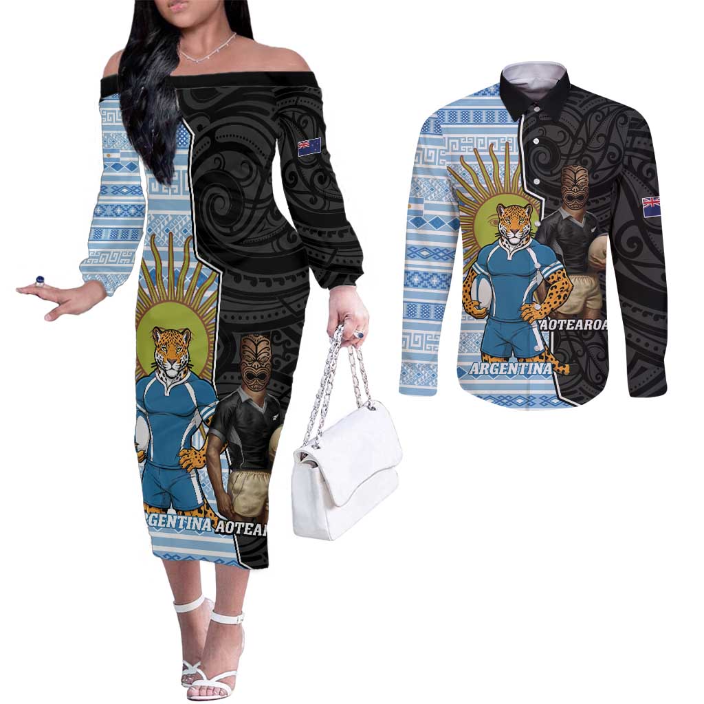 New Zealand Argentina Rugby Custom Couples Matching Off The Shoulder Long Sleeve Dress and Long Sleeve Button Shirt 2025 Los Pumas All Black Together - Aussie Hoodie