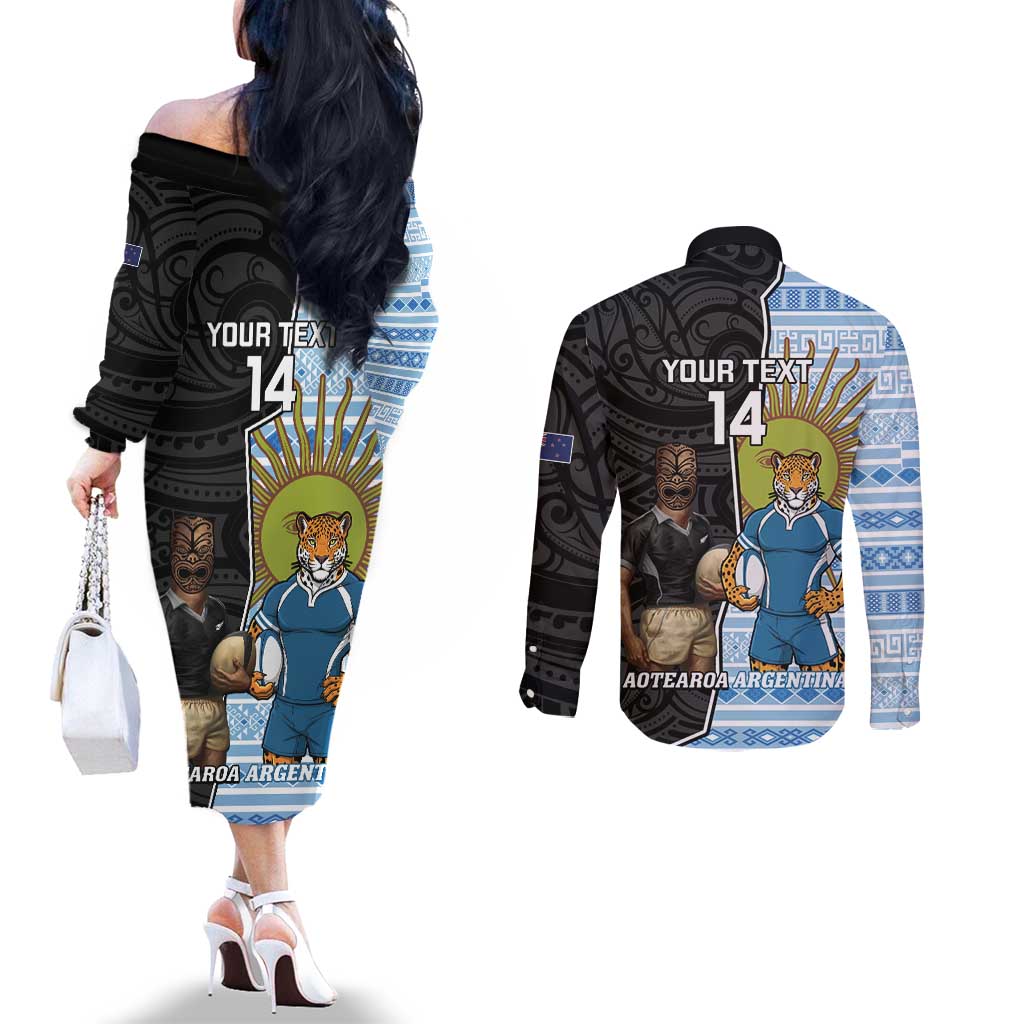 New Zealand Argentina Rugby Custom Couples Matching Off The Shoulder Long Sleeve Dress and Long Sleeve Button Shirt 2025 Los Pumas All Black Together - Aussie Hoodie