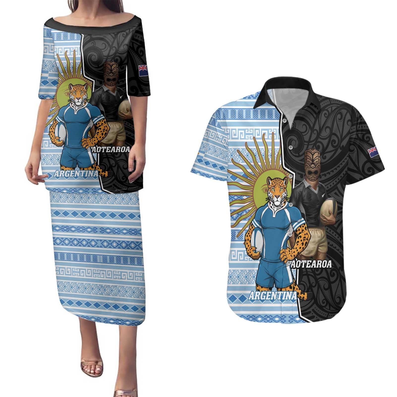 New Zealand Argentina Rugby Custom Couples Matching Puletasi and Hawaiian Shirt 2025 Los Pumas All Black Together - Aussie Hoodie