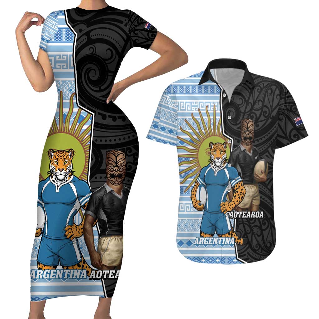 New Zealand Argentina Rugby Custom Couples Matching Short Sleeve Bodycon Dress and Hawaiian Shirt 2025 Los Pumas All Black Together - Aussie Hoodie