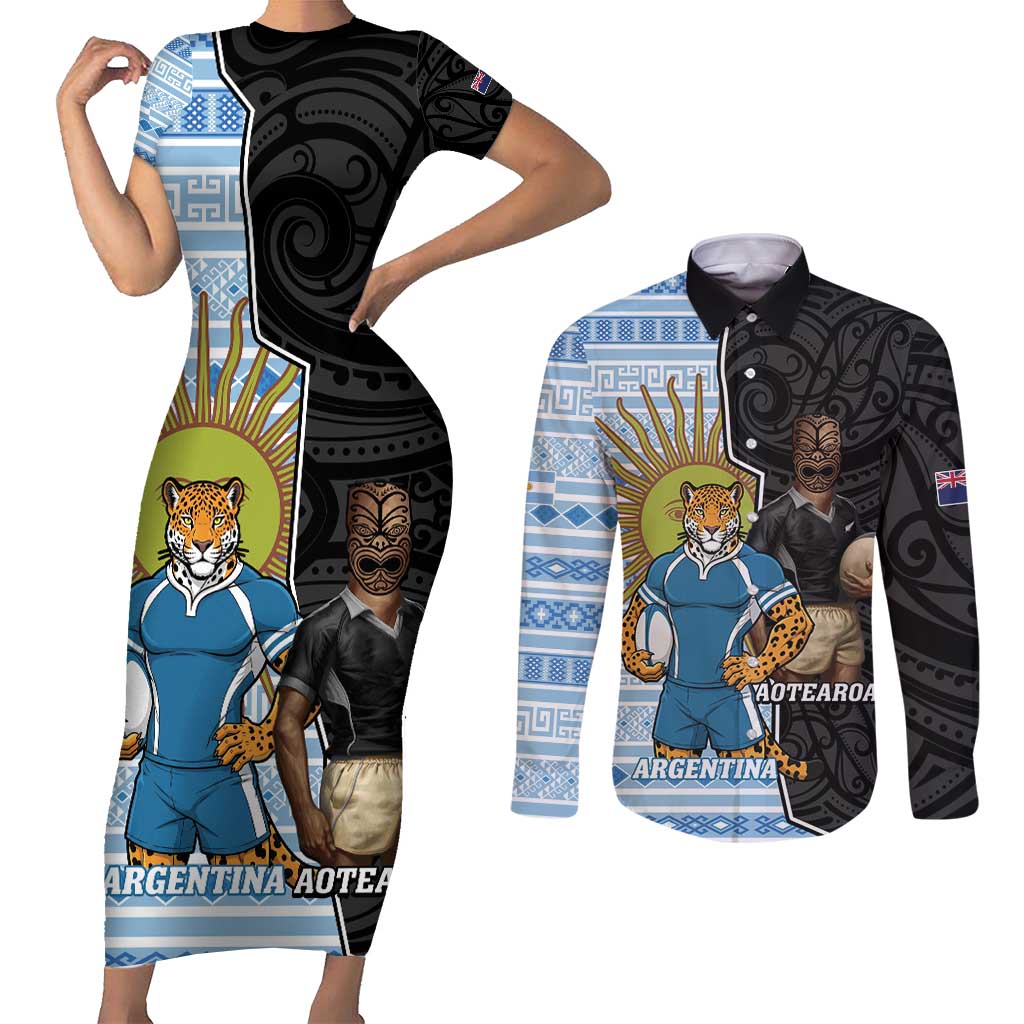 New Zealand Argentina Rugby Custom Couples Matching Short Sleeve Bodycon Dress and Long Sleeve Button Shirt 2025 Los Pumas All Black Together - Aussie Hoodie