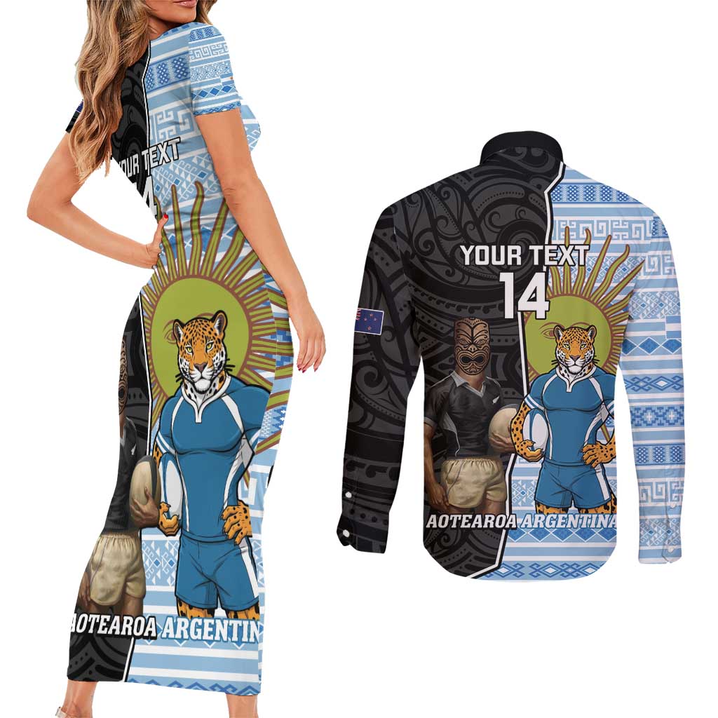 New Zealand Argentina Rugby Custom Couples Matching Short Sleeve Bodycon Dress and Long Sleeve Button Shirt 2025 Los Pumas All Black Together - Aussie Hoodie