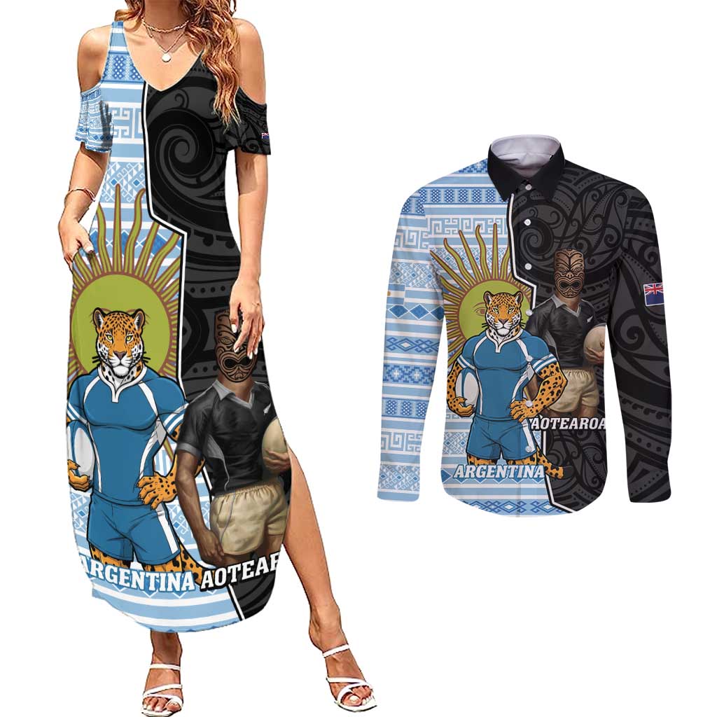 New Zealand Argentina Rugby Custom Couples Matching Summer Maxi Dress and Long Sleeve Button Shirt 2025 Los Pumas All Black Together - Aussie Hoodie